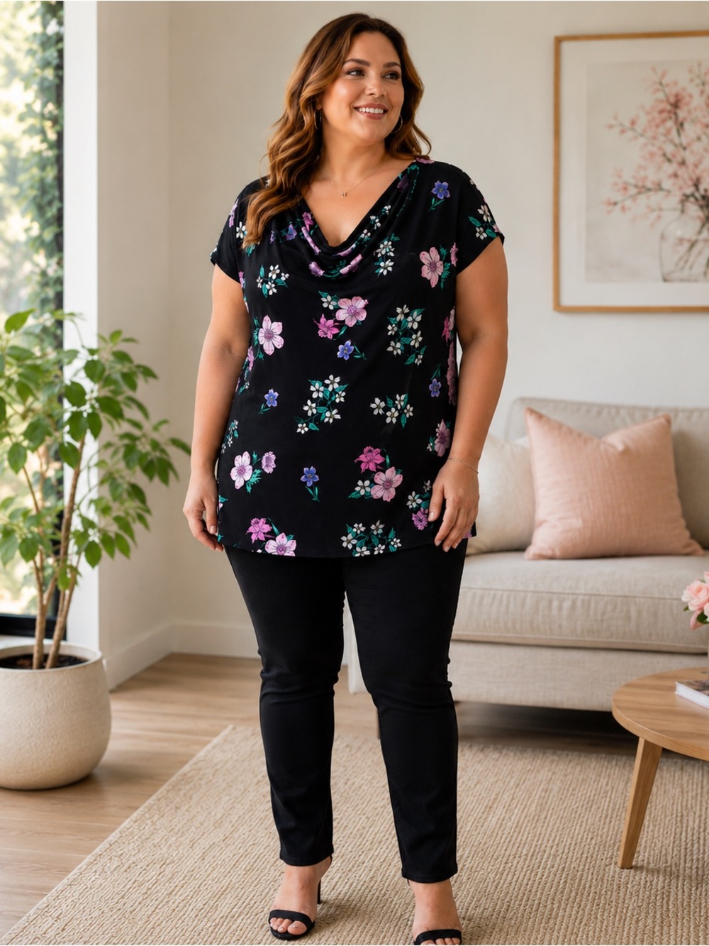Lane Bryant Black Floral Cowl-Neck Tunic with Purple & Pink Blooms